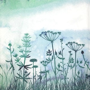 M278# 3 Pieces Of Single Paper Napkins for Decoupage, Craft Tissue, Meadow In The Mist Fog Blue Green Grasses Dragonfly