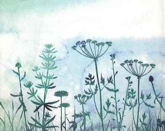 M278# 3 Pieces Of Single Paper Napkins for Decoupage, Craft Tissue, Meadow In The Mist Fog Blue Green Grasses Dragonfly