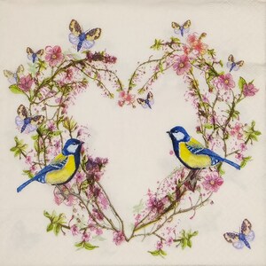 T556# 3 peças de guardanapos de papel individuais para decoupage, tecido artesanal, guirlanda de flores em formato de coração de primavera e dois pássaros do amor borboleta em rosa