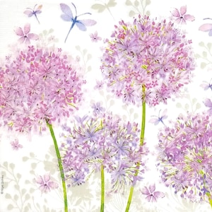 M152 # 3 Stück Papierservietten einzeln für Decoupage, Bastelgewebe, rosa lila Allium Blumen auf weißem Hintergrund mit Libelle