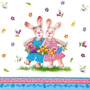U270 # 3 Stück Einzelne Papierservietten für Decoupage, Taschentuch, Zwei Lustiges Kaninchen Hase Paar Mit Kleidung Blumen Tragen