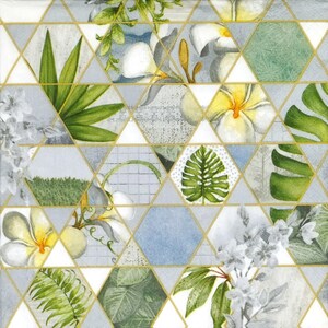 R532# 3 Pieces Of Single Paper Napkins for Decoupage, Craft Tissue, Exotic Jungle Leaves, White Orchid Flowers Collage With Triangles