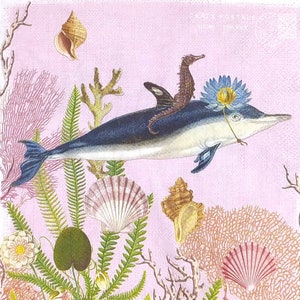 R256 # 3 Stück einzelne Papierservietten für Decoupage, Bastelpapier, Delfin mit Blume und Seepferdchen, die in Meeresmuschel-Algen reisen