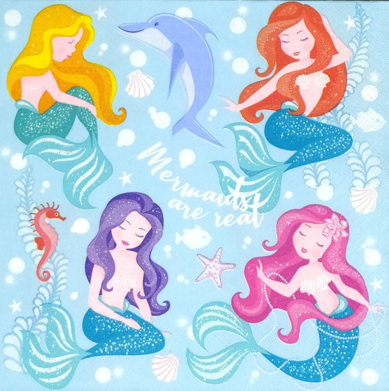 May include: A blue background with the text "Mermaids are real" in white. There are five illustrations of mermaids with different colored hair and tails. There is also a blue dolphin and a starfish.