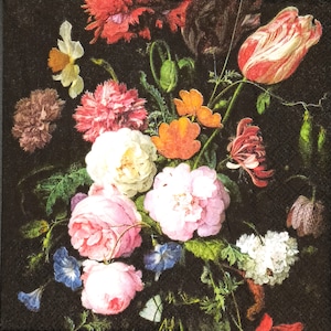 P856# 3 piezas de servilletas de papel individuales para decoupage, pañuelos artesanales, ramo de flores barrocas sobre fondo negro