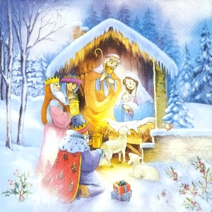 P381# 3 Pieces Of Single Paper Napkins for Decoupage, Craft Tissue, Christmas Nativity Holy Family Jesus Christ Newborn Three Kings Epiphany