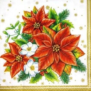 M146# 3 Pieces Of Single Paper Napkins for Decoupage, Craft Tissue, Christmas Star Poinsettia Red Flowers On White Background