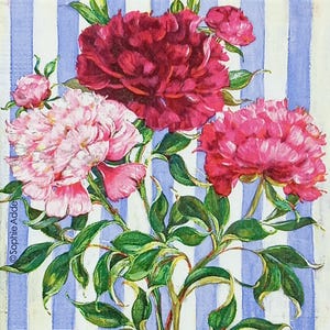 S958 # 3 Stück KLEINE Einzel Papierservietten für Decoupage, Craft Theft Cocktail Größe, rosa Pfingstrose Blumenstrauß auf blau gestreifter Rückseite