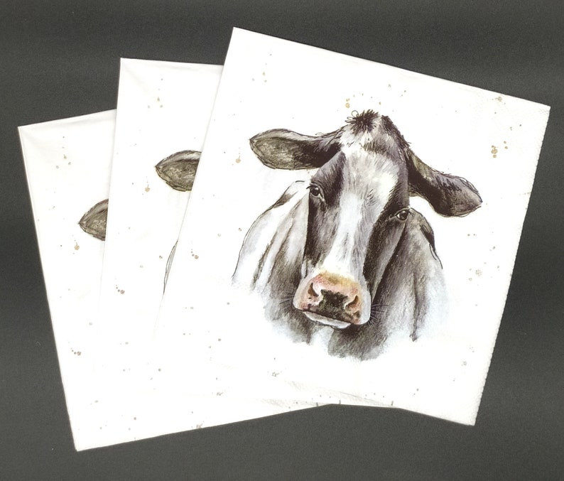 N779 n 3 serviettes en papier pour découpage, papier tissu artisanal, tête de vache noir et blanc sur blanc image 4