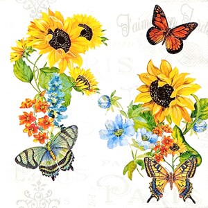 U339# 3 servilletas de papel individuales para decoupage, papel de seda para manualidades, collage de flores de girasol amarillo con mariposas sobre fondo blanco
