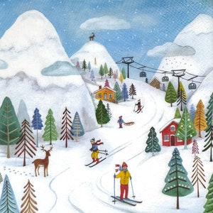 Q579# 3 pezzi di tovaglioli di carta singoli per decoupage, fazzoletti artigianali, paesaggio invernale innevato con montagne e sciatori