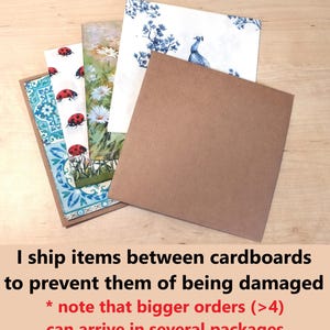 May include: Several colorful patterned paper napkins are stacked on top of each other. The napkins are sandwiched between two pieces of cardboard. The text "I ship items between cardboards to prevent them of being damaged * note that bigger orders (>4) can arrive in several packages" is written below the image.