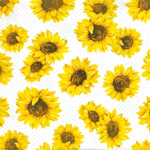 R486# 3 serviettes en papier pour découpage, papier de soie artisanal, mini motif fleurs de tournesol jaunes sur fond blanc