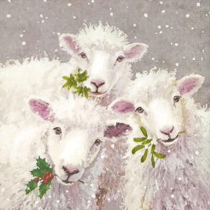 T938 # 3 Stück Papierservietten einzeln für Decoupage, Basteltücher, weißes Schaf mit grünen Stechpalmenzweigen auf schneegrauem Hintergrund