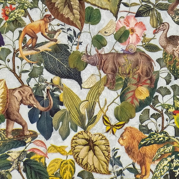 T097# 3 Pieces Of Single Paper Napkins for Decoupage, Craft Tissue, Lion, Elephant, Monkey, Exotic Birds Wild Animal Jungle Pattern