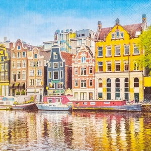 Q161# 3 pezzi di tovaglioli di carta singoli per decoupage, fazzoletti artigianali, Holland City Amsterdam Street con vecchie case e canale con barche