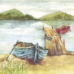P965# 3 pezzi di tovaglioli di carta singoli per decoupage, fazzoletti artigianali, barca a remi dipinta vicino al ponte pedonale per l'acqua del lago