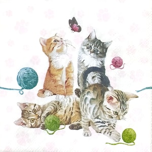 S401 # 3 Stück KLEINE Einzel Papierservietten für Decoupage, Craft Tüll Cocktail Größe, Niedliche Kätzchen Katzen Zahlen mit Wollknäuel