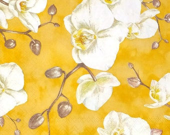 P937# 3 Pieces Of Single Paper Napkins for Decoupage, Craft Tissue, White Orchids Phallenopsis Flowers Twigs Pattern On Orange