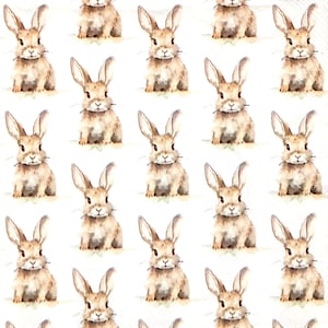 May include: A seamless pattern featuring watercolor illustrations of brown bunnies with long ears. The bunnies are arranged in a repeating pattern on a white background.