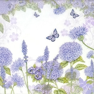 S497# 3 pezzi di PICCOLI tovaglioli di carta singoli per decoupage formato cocktail, tessuto artigianale, fiori blu viola fiori di campo farfalle di prato