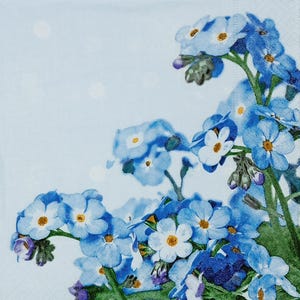 U388# 3 pièces de serviettes en papier pour découpage, papier de soie artisanal, coin de fleurs de myosotis bleu sur fond bleu ciel