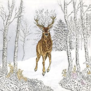 T942# 3 stuks enkele papieren servetten voor decoupage, knutselpapier, bruin hert in de winter besneeuwd mat bevroren berkenhout