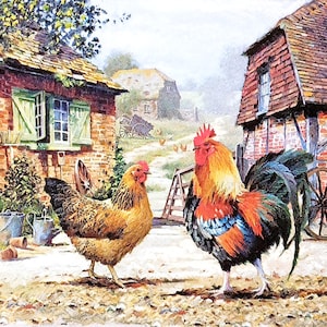 U305# 3 servilletas de papel individuales para decoupage, papel de seda para manualidades, gallina marrón y gallo en un patio rural cerca de la casa.
