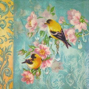 M188# 3 Pieces Of Single Paper Napkins for Decoupage, Craft Tissue, Yellow Birds On Teal Background Pink Blossoms