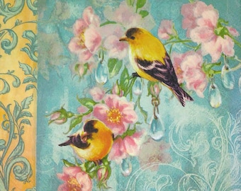 M188# 3 stycken enstaka pappersservetter för decoupage, hobbypapper, gula fåglar på blågrön bakgrund, rosa blommor