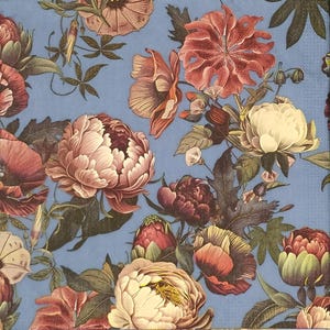 T926# 3 pezzi di tovaglioli di carta singoli per decoupage, fazzoletti artigianali, motivo vintage di peonie e altri fiori su sfondo blu