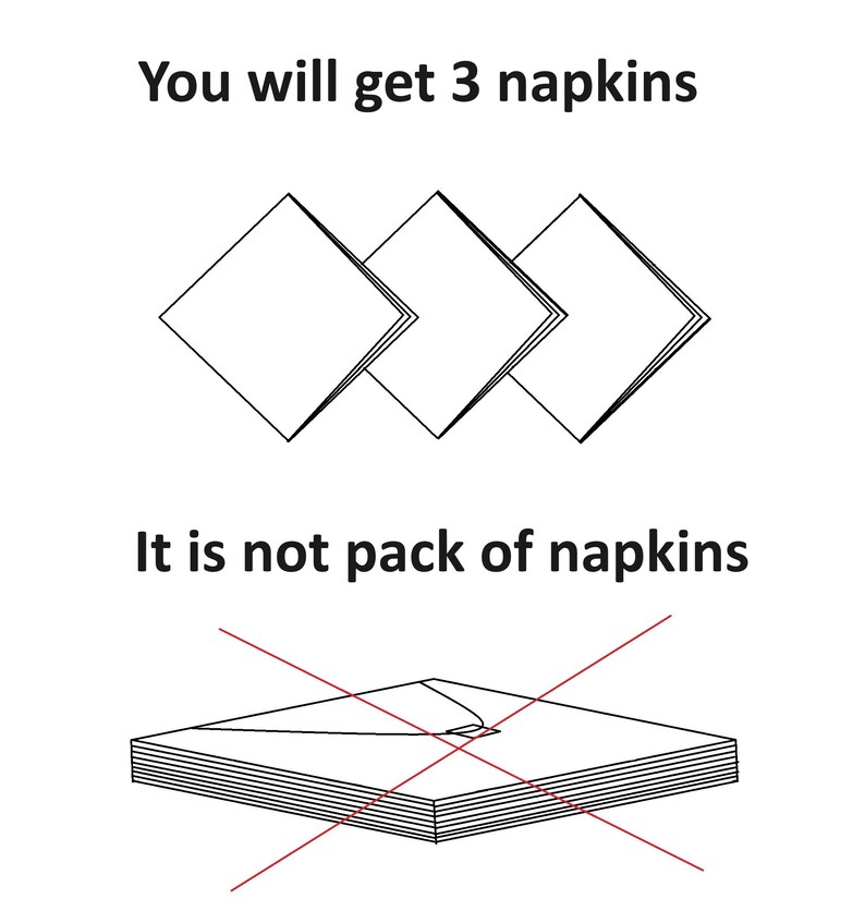 K&ouml;nnte beinhalten: Illustration von drei gefalteten Servietten. Der Text "You will get 3 napkins" befindet sich &uuml;ber den Servietten. Der Text "It is not pack of napkins" befindet sich unter den Servietten. Ein Stapel Servietten ist mit einem roten X durchgestrichen.
