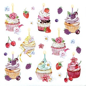 U333# 3 stuks enkele papieren servetten voor decoupage, ambachtelijke tissue, roze verjaardagstaart met bessen, cupcakes, muffins met kaarspatroon op wit