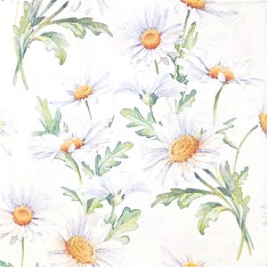 U342# 3 serviettes en papier pour découpage, papier de soie artisanal, fleurs de marguerite camomille jaune blanc, motif floral sur fond crème