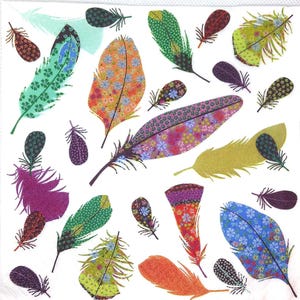 M107 # 3 serviettes en papier pour découpage, papier tissu artisanal, motif plumes d'oiseaux bleu jaune rose vert sur fond blanc