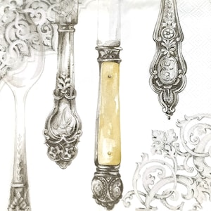 R550# 3 pezzi di tovaglioli singoli di carta riciclata per decoupage, tessuti artigianali, coltello, cucchiaio e forchetta vintage in dissolvenza grigia