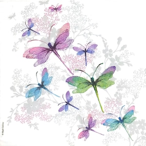 M425 # 3 Stück einzelne Papierservietten für Decoupage, Basteltücher, mit Libellen- Flock & Blumen auf weißem Hintergrund