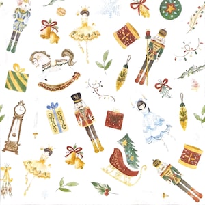 Könnte beinhalten: Eine Aquarell-Illustration einer Weihnachtsszene mit einem Nussknacker, einer Ballerina, einem Schaukelpferd, einem Schlitten und anderen festlichen Elementen. Die Illustration ist in einem verspielten Stil mit weißem Hintergrund gehalten.