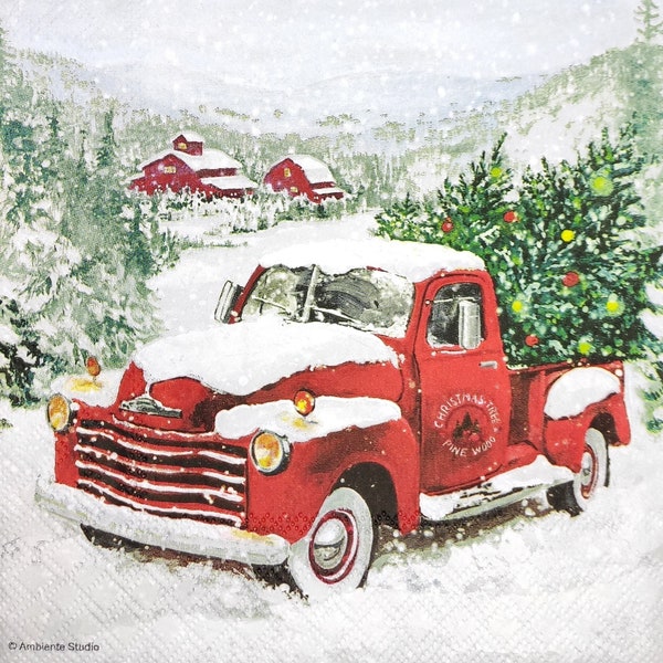 M992 # 3 pièces de serviettes en papier pour découpage, papier de soie artisanal, arbre de Noël rouge père Noël camion voiture hiver