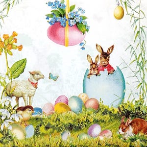 U245# 3 serviettes en papier pour découpage, papier de soie artisanal, couple lapin lapin lièvre marron de Pâques dans un grand oeuf coloré et agneau mouton
