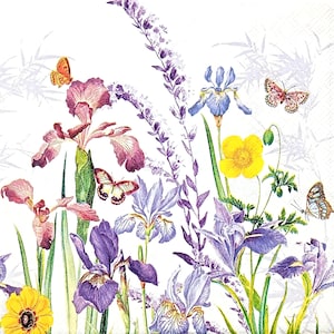 U356#3 stuks enkele papieren servetten voor decoupage, knutselpapier, paarsrode irisbloemenweide en vlinderpatroon