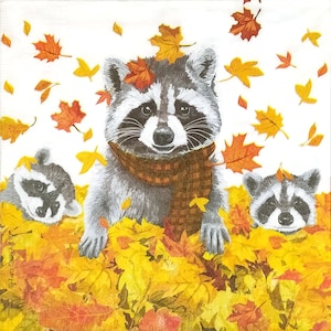 Q451 # 3 serviettes en papier pour découpage, papier peint artisanal, raton laveur gris avec cubes dans les feuilles d'automne