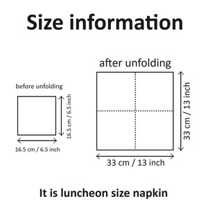May include: Diagram showing the size of a luncheon napkin before and after unfolding. The napkin measures 6.5 inches by 6.5 inches before unfolding and 13 inches by 13 inches after unfolding.