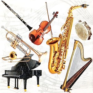 U309#3 stuks enkele papieren servetten voor decoupage, knutselpapier, muziekinstrumentenpatroon met forte-piano, viool, harp, trompet