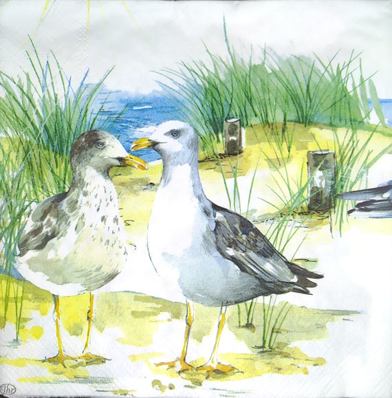 N181 # 3 Stück Servietten einzeln für Decoupage, Taschentücher, Möwe am Meer mit Gras und Anker
