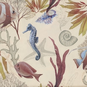 R032# 3 pezzi di tovaglioli di carta singoli per decoupage, carta velina, motivo marino blu e rosso, cavalluccio marino con pesce, conchiglia e alghe su sfondo beige