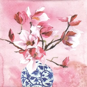 Q986# 3 stuks enkele papieren servetten voor decoupage, knutselpapier, roze geschilderde magnoliabloementakje in blauwwitte vaas op roze achtergrond