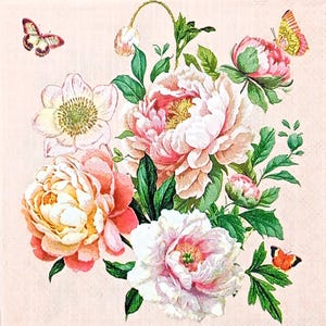 Z202# 3 pezzi di tovaglioli di carta singoli PICCOLI per decoupage, formato cocktail, fazzoletti artigianali, bouquet di rose rosa e peonie con farfalle