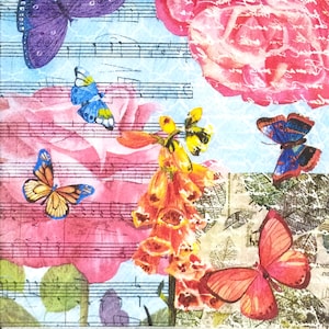 S850# 3 pezzi di tovaglioli di carta singoli PICCOLI per decoupage, carta velina, motivo con rose rosa, farfalle e note musicali su sfondo azzurro.