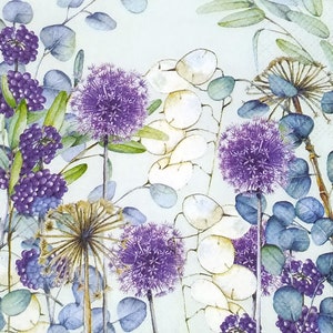 S748# 3 stuks KLEINE enkele papieren servetten voor decoupage, cocktailformaat, ambachtelijke tissue, paarse allium en maanbloemen Meadow on Green